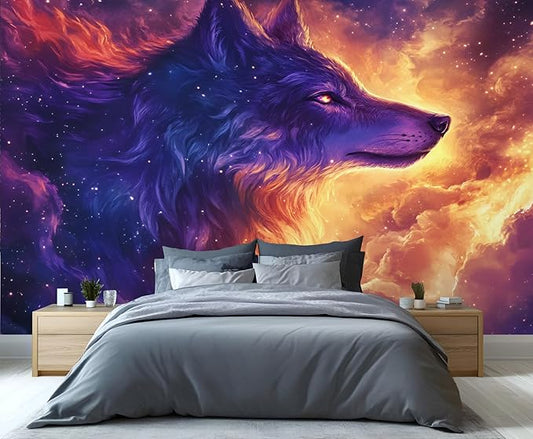 Wolf Mural Wallpaper, Star Wolf God Murals, 3D Anime Murals, Large Wallpaper for Living Room Bedroom Kids Room Home Decor Mural (Not Peel Stick)