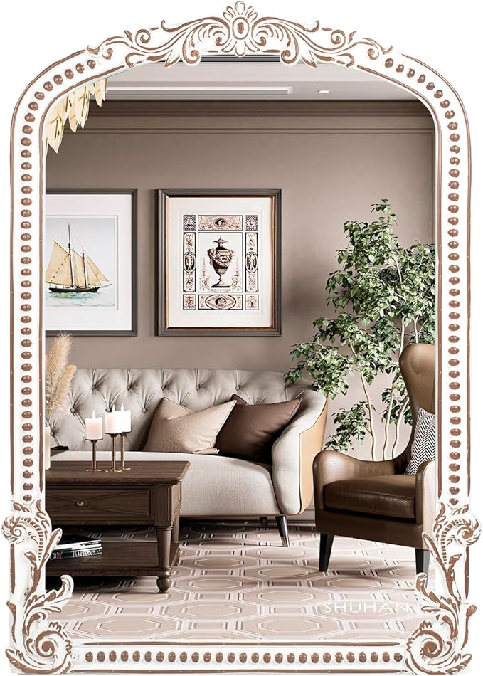 25x35 Inch Baroque Arched Wall Mirror Wooden, Rustic Farmhouse Decorative Mirrors for Fireplace, Entryway, Living Room, Bedroom, Bathroom