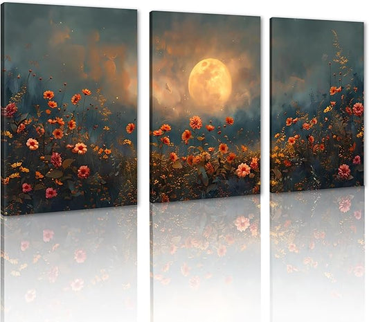 3 pcs Midnight Wildflower Framed Canvas Wall Art Moonlit Red Floral Wall Decor Nature Inspired Landscape Artwork Art Prints for Living Room Bedroom Farmhouse- 24"x36"x3pcs