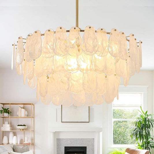 Modern Large Gold Glass Chandeliers, 12-Light Luxury Cloud Pendant Light Fixture, 31.5 inch Round Ceiling Hanging Light Fixture for Living Room Bedroom Dining Room Kitchen Foyer Staircase Offices