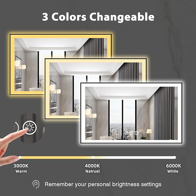 48x30 Lighted Mirrors for Bathroom Wall, Modern Rectangle Matte Black Mirror, Tempered Glass，Double Lights, 3 Colors Dimmable Temperature, IP54 Enhanced Anti-Fog, Memory (Horizontal/Vertical)
