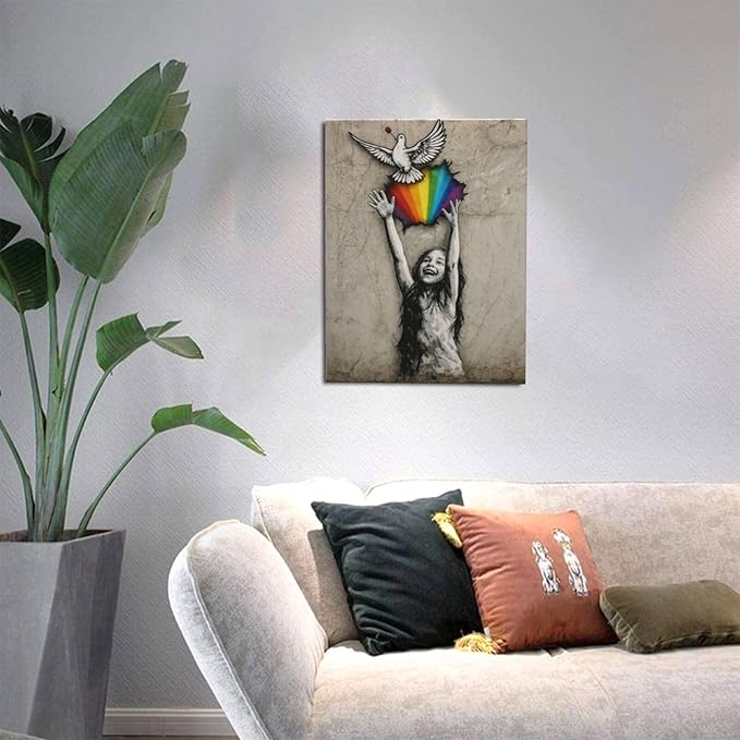 Banksy Street Graffiti Wall Art Rainbow Canvas Wall Decor Love And Peace Pictures Paintings Prints Artwork Framed Modern Decorations For Bedroom Bathroom Office Living Room Gifts 12" x 16"