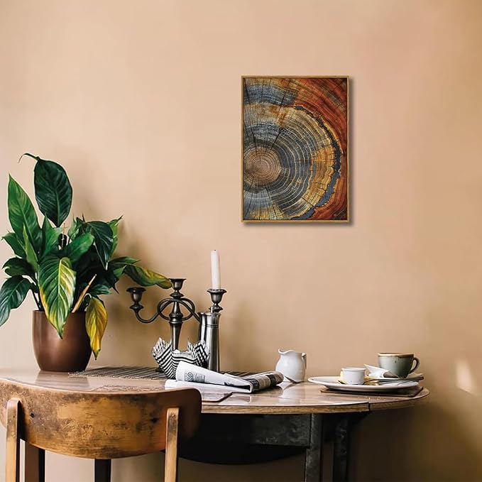 BingruiArt Framed Tree Ring Canvas Wall Art Red and Gold Abstract Wood Wall Decor Boho Modern Colorful Nature Prints Pictures Poster for Living Room Bedroom Bathroom Office 12"x16" Natural Framed(03)