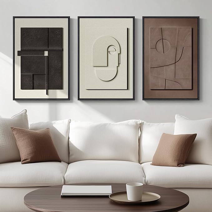 3D Textured Framed Abstract Wall Art, 3 Piece Modern Paintings Artwork for Walls, Black White Brown Geometric Sandstone Texture Pictures for Living Room Dining Room Bedroom Office Wall Decor 16x24 In