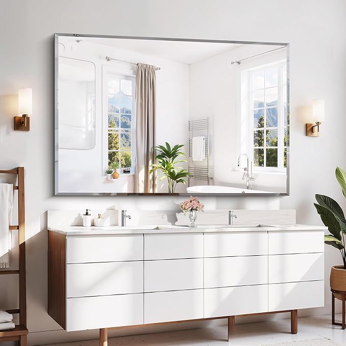 60x40 Large Beveled Mirror, Frameless Beveled Bathroom Mirrors for Over Sink, Upgraded Shatterproof Beveled Frameless Vanity Mirror for Bathroom,Bedroom,Living Room and Entryway
