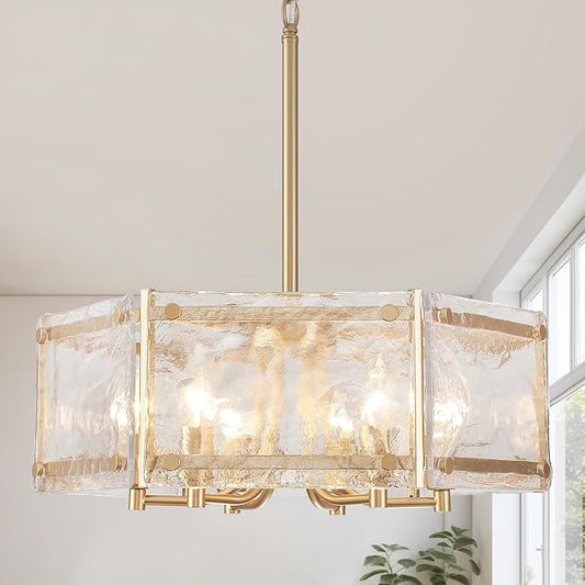 6-Light Gold Glass Chandelier, 18.7" Modern Textured Glass Drum Chandelier for Dining Room, Luxury Crystal Round Hanging Light Fixture for Kitchen Living Room Hallway Bedroom