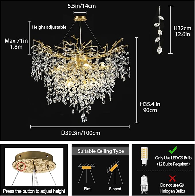 40 inch Crystal Chandelier for Dining Room, Round Gold Tree Branches Chandeliers, Top K9 Crystal Chandelier, Modern Chandeliers for Kitchen,Foyer Entryway