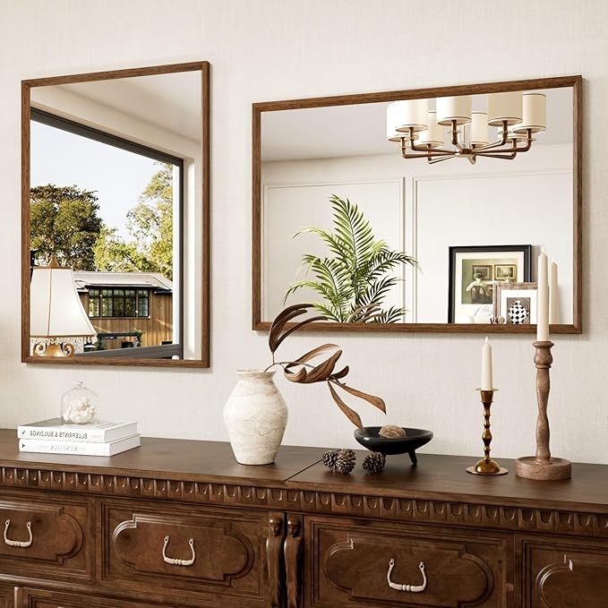 Bathroom Vanity Mirror 24x36 Inch, Walnut Rectangle Bathroom Mirror, Anti-Rust, 4MM Tempered Glass, Wall-Mounted Mirror, Hangs Horizontally or Vertically for Bathroom & Bedroom