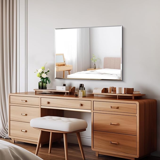 Beveled Mirror, 24x30 Frameless Beveled Bathroom Mirrors for Wall, Upgraded Shatterproof Rectangle Vanity Mirror with Beveled Edge for Bathroom, Bedroom, Living Room and Entryway