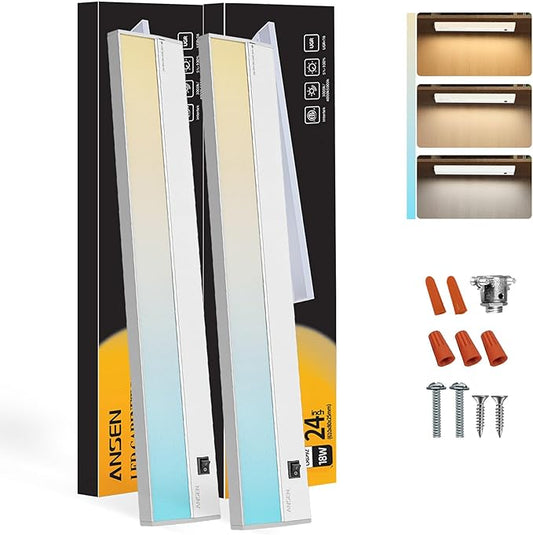 Ansen 2Packs of Under Cabinet Lighting Hardwired, 24in 18W 1237LM Dimmable Led Light for Kitchen/Closet, CRI 92+, R9 90+, 3 Color Temperature, 3000K/4000K/5000K(Warm White, Cool White, Daylight)