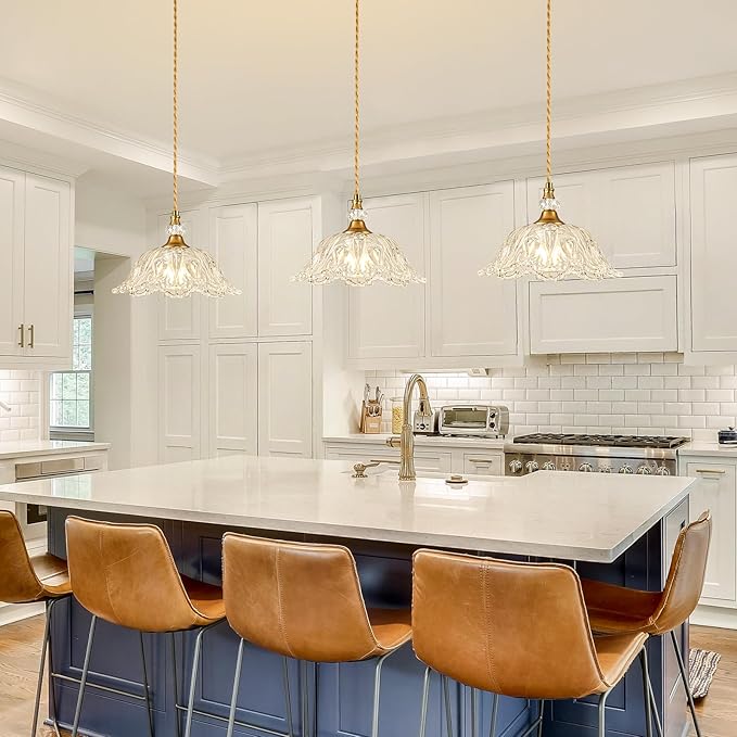 1 Piece Vintage Chandelier Light Fixtures with Crystal Glass Shade,Matte Brass Finish Pendant Light for Kitchen Island, Hanging Light Fixture for Dining Room, Hallway, Living Room, Bedroom