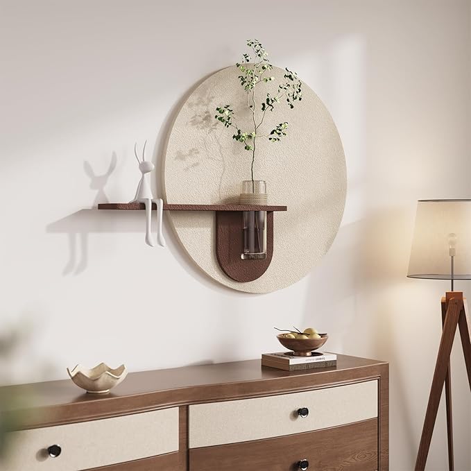 3D Textured Neutral Abstract Wall Art with Vase, Modern Minimalist Round Paintings Artwork for Walls, Boho Cream Geometric Wall Decor for Living Room, Hallway, Dining Room, Bedroom, Office, 24x31 Inch