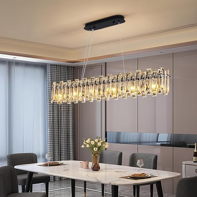 Modern Luxury Rectangular K9 Crystal Chandelier for Dining Room Living Room Kitchen Island Entryway Foyer L31.5 Easy Install Adjustable Hight 5-Light Ceiling Hanging Light Fixture Black