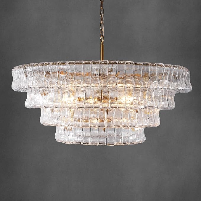 Clear Glass 36 inch Round Chandelier for Dining Room, Modern Drum Pendant Light Fixture with Crystal Glass, Gold Large Ceiling Light Perfect for Living Room, Bedroom