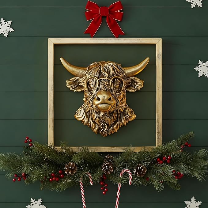 Animal Heads Wall Decor (Includes Metal Frame) Resin Animals Sculptures Head Wall Hanging Decoration Gold vintage Wall Sculpture for Living Room Bedroom Office(Highland cattle)