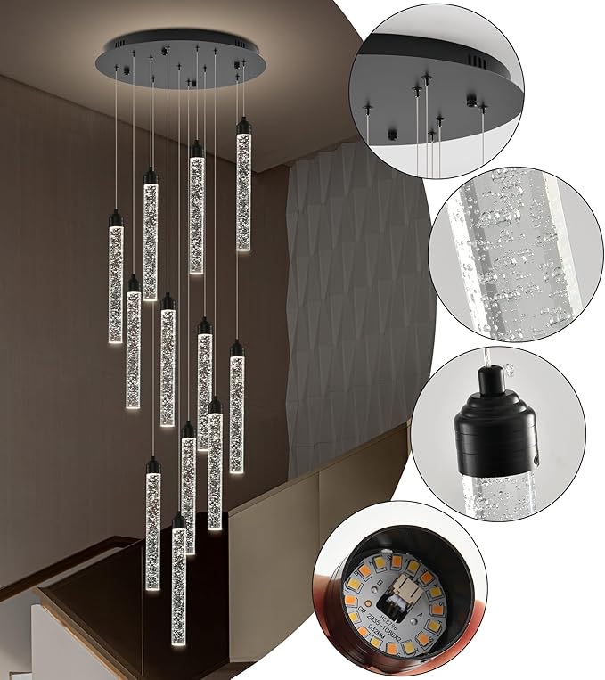 12-Lights High Ceiling Crystal Staircase Chandelier Black, Modern Spiral Raindrop Dimmable LED Bubble Cluster Ceiling Hanging Lighting Fixture for Foyer Living Room Entrance Remote Control