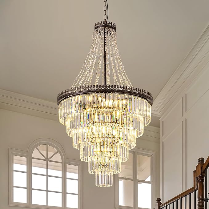 7PM French Empire Crystal Chandelier, Large Vintage Chandelier for High Ceiling, 6-Tier Antique Bronze Lighting, Farmhouse Ceiling Light Fixture for Foyer, Entryway, Living Room, 28" Wx48''H