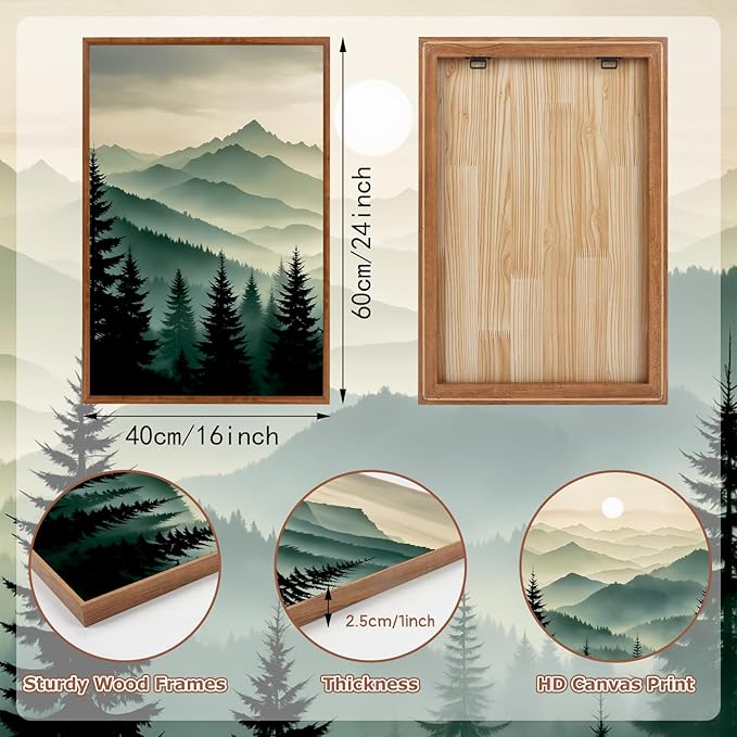 LHIUEM Abstract Mountain Wall Art,Boho Forest Pictures Set of 3(16”X24”) Framed Canvas Print Dark Green Pine Tree,Big Foggy Sun Green Mountain Painting,Sage Green Wall Art for Bedroom Living Room