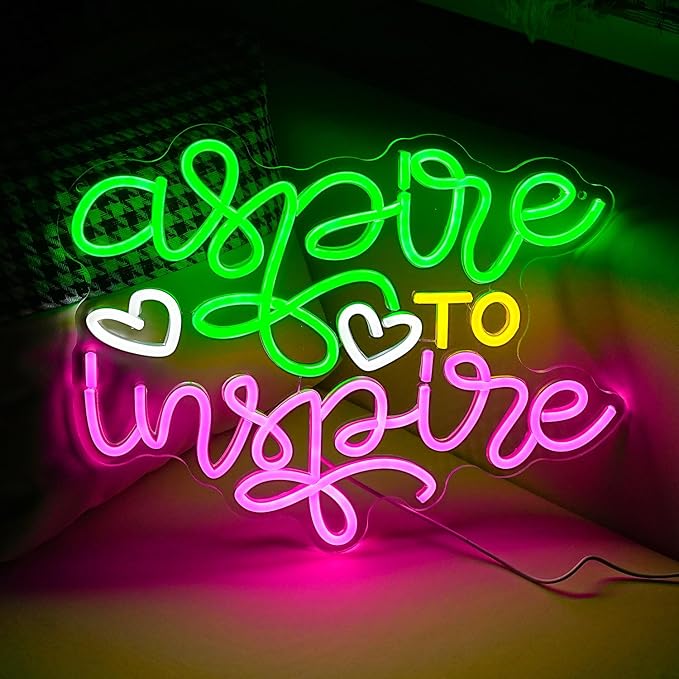 Aspire To Inspire Neon Sign 16.5 * 12.6 Inch Dimmable Switch Led Light Up Colorful Sign for Wall Decor USB Cute Letters Neon Light for Bedroom Classroom Office Station Art Wall Decor