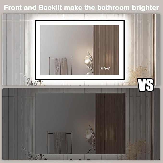44x30 Bathroom Light up Mirror, Black Double Bright Lights, Anti-Fog Vanity Mirror with Lights, Stepless Dimmable Illuminated Mirror, Touch Control, Waterproof (Horizontal/Vertical)