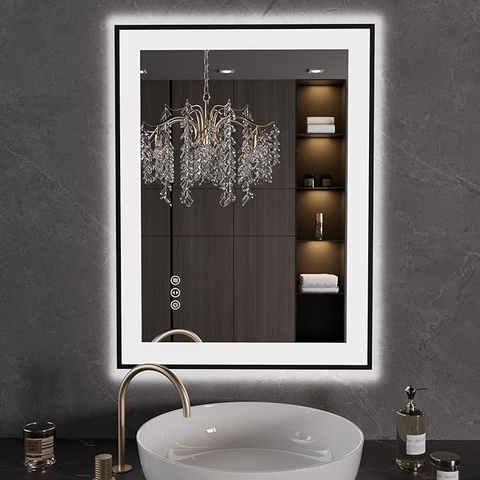 LOAAO 24"X32" LED Bathroom Mirror Black Framed, Anti-Fog, Dimmable, Lighted Bathroom Vanity Mirror for Wall, Memory Function, Tempered Glass