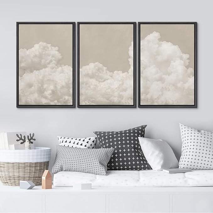 MUDECOR Framed Wall Art Print Set Serene Sky Filled with Fluffy Clouds Illustrations Modern Art Decorative Colorful Chic for Living Room, Bedroom, Office - 16"x24"x3 Black