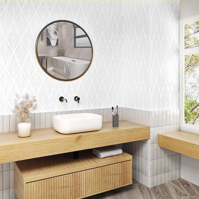 Modern Grey White Geometric Peel and Stick Wallpaper Self Adhesive Grey Floral Geometric Contact Paper Removable Boho Floral Contact Paper for Bedroom Bathroom Cabinets Wall Decor 17.5"x315"