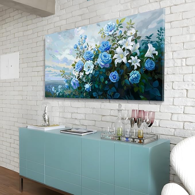 Nicetop Large Floral Canvas Wall Art - Modern Botanical Artwork Abstract Blue Rose White Lily Flower Bouquet Art Prints on Wrapped Canvas Nature Picture for Living Room Bedroom Home Decor 48x24 Inch