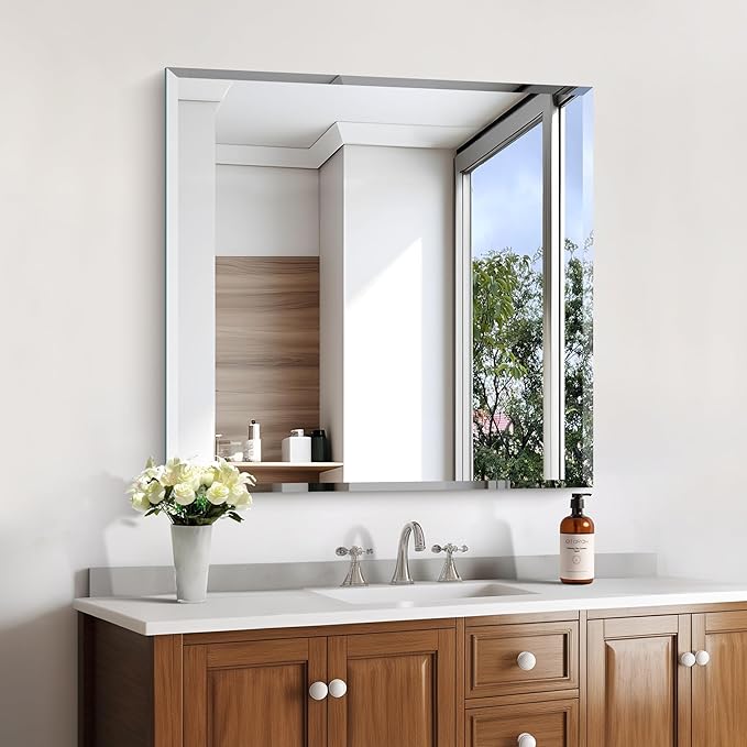 KOCUUY Beveled Mirror, 30x30 Inch Square Frameless Bathroom Mirror for Over Sink, Upgraded Shatterproof Beveled Unframed Design Mirror for Bathroom, Bedroom, Entryway, Hang Horizontal/Vertical