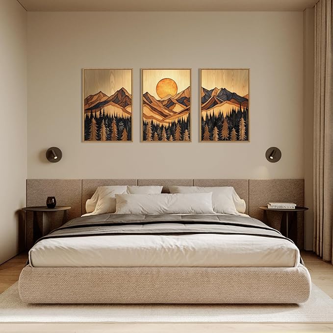 Ausril Woodcut Mountain Pine Tree Framed Canvas Wall Art Set of 3-24x36 Inch, Vintage Nature Forest Wilderness Landscape Print, Brown Boho Style Painting for Living Room, Bedroom, Office Decor