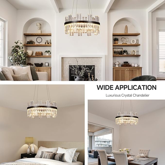 Black Modern Led Crystal Chandelier: 19.7" Round K9 Luxury Clear Crystals 3 Color Dimmable Contemporary Chandeliers for Dining Room Lights over Table - Adjustable Height Living Room Light with Remote
