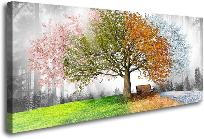 Jiuqinghua Canvas Prints Wall Art Decor Large Four Seasons Tree Picture 1 Panel Spring Summer Autumn Winter Tree Painting Artwork for Dining Room Kitchen Home Decor Stretched and Framed Ready to Hang