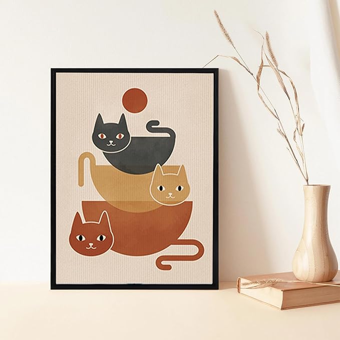 LHIUEM Boho Cats Wall Decor Black Cat Vintage Canvas Wall Art(12”X16”) Midcentury Modern Wall Decor MCM Cats Abstract Wall Art Gifts for Cat Lovers Framed Bohemian Art Prints for Living Room Bedroom