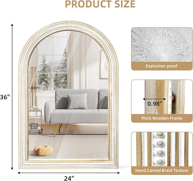 36x24 Inches Farmhouse Wooden Arched Wall Mirrors, Boho Decorative Arch Mirrors for Bathroom Over Sink, Living Room, Hallway, Foyer, Entryway