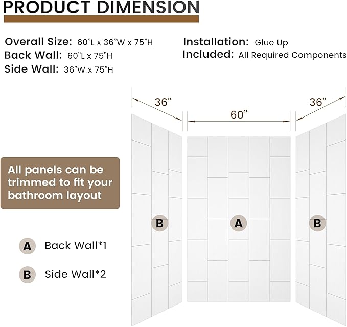 CASAINC Shower Wall Panels, Waterproof Wall Panels for Showers, Shower Surround Kit 3 Piece, 36D x 60W x 75H, Glossy White Wood Grain Finish, SMC Material, 3.5MM Thick, Quick Install, Trimmable