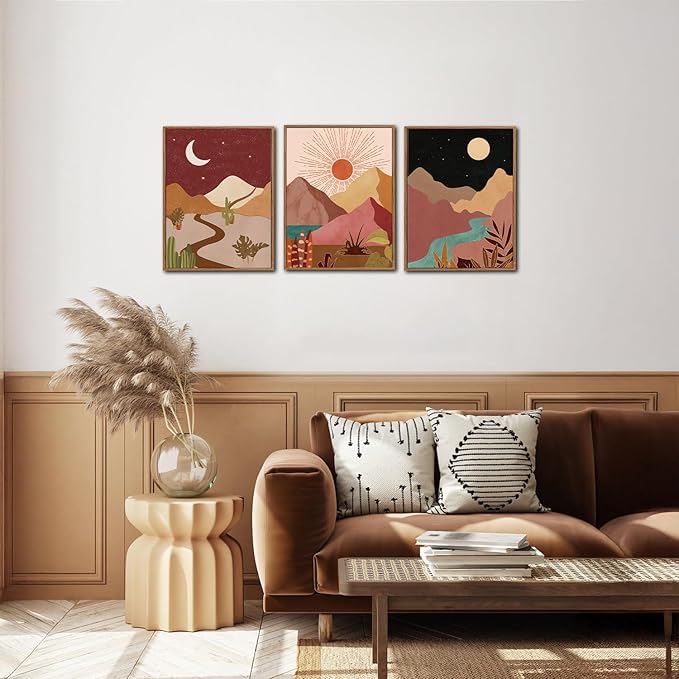LHIUEM Modern Boho Framed Canvas Wall Art Set of 3(12”X16”) Moon and Sun Modern Desert Art Painting Nature Southwest Landscapes Artwork Rustic Mountain Wall Decor Framed Desert Art for Home Office