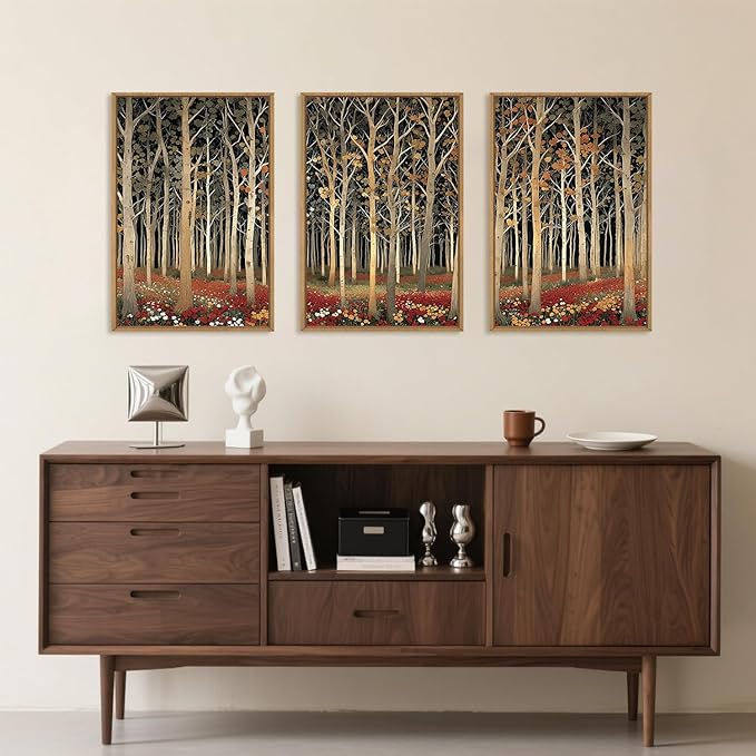 Large Modern Autumn Birch Trees Framed Canvas Wall Art,Boho Aspen Trees Wall Decor,Mid Century Fall Forest Artwork,Natural Midnight Wilderness Art Print for Living Room,Bedroom,Office-16"x24"x3