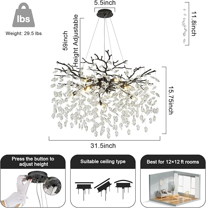 Modern Crystal Chandelier, 31.5" Black Chandeliers for Dining Room, 10 Lights Tree Branch Chandelier Lighting Fixtures Ceiling Hanging, Round Flower Chandeliers for Bedroom Entryway Foyer