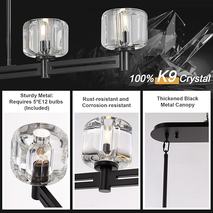 Modern Crystal Chandelier, 54" Black Rectangle Chandeliers for Dining Room, 5-Light Kitchen Island Lighting, Light Fixtures Over Table,Pendant Lighting Fixture for Dining Room Bedroom