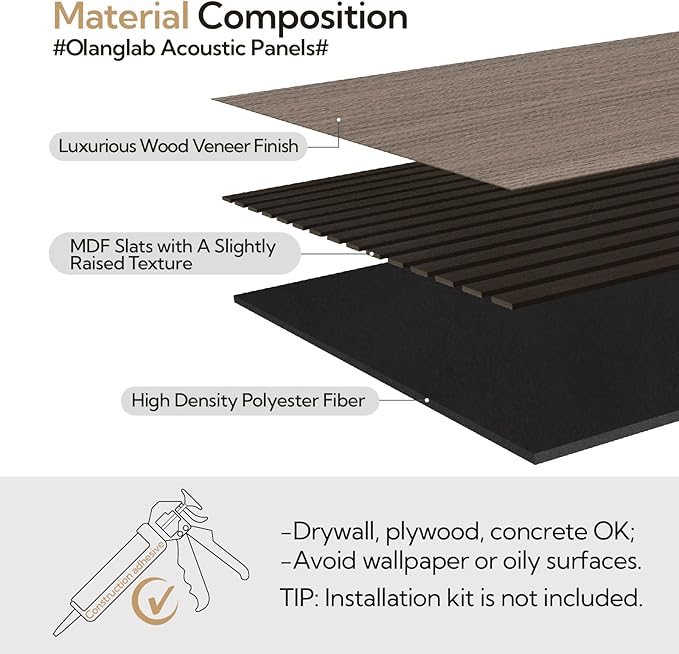 Olanglab Acoustic Wood Wall Panels 4 Pack, Sound Dampening Wood Slat Wall Panels 23.6" x 47.2", Dark Walnut