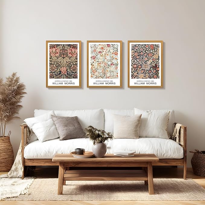 LLEEMPI William Morris Wall Art Set of 3, Vintage Botanical Wall Decor, Rustic Farmhouse Canvas Painting, Classic Minimalist Poster Prints for Bedroom Bathroom Office Wood Framed 12x16 Inch