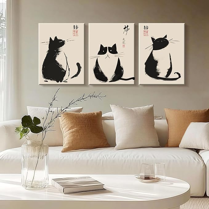 3Pcs Framed Black Cat Japanese Zen Ink Style Cute Funny Animal Wall Art Decor Canvas Print Picture Poster Gallery Bathroom Bedroom Living Room Office 12x16 Inch Ready to Hang