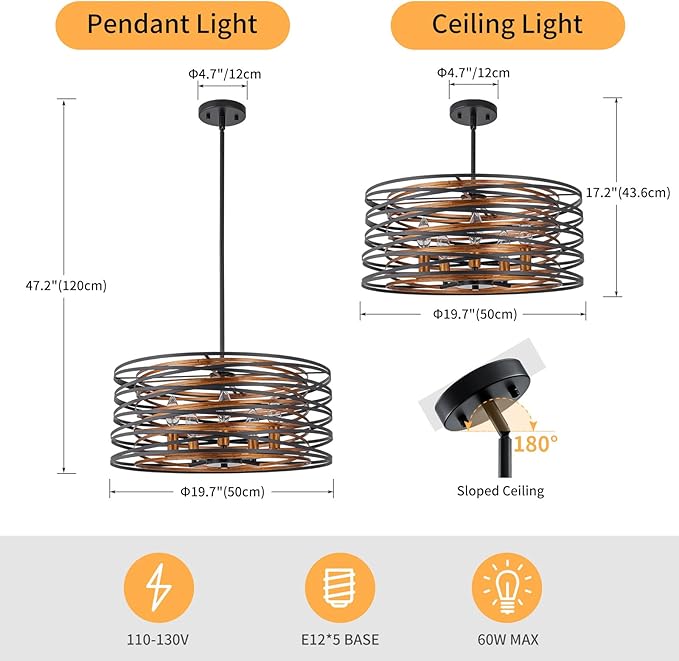 5-Light Farmhouse Drum Chandeliers, 2-Tiers Pendant Light Fixture for Dining Room, Living Room, Bedroom, Adjustable Height 17~47", Wood Texture & Matte Black Finish