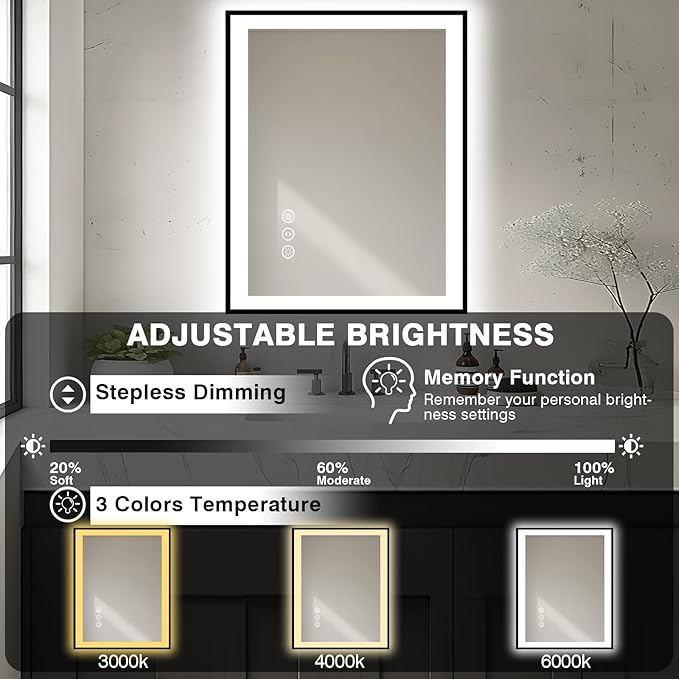 28x32 LED Bathroom Mirror - Black Aluminum Framed, Front & Backlit, Anti-Fog, Dimmable, Plugin/Hardwired