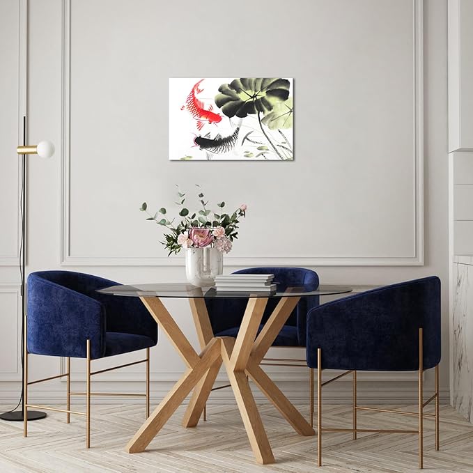 Canvbay Two Koi Fish Wall Art Asian Canvas Wall Art Traditional Chinese Ink Style Canvas Prints Feng Shui Lucky Carp in Lotus Leaves Pond Painting Pictures Oriental Poster for Home 24x36inch