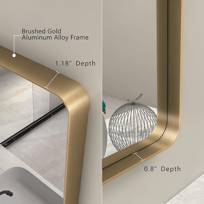 48x36 Inch Gold Bathroom Mirror, Brushed Metal Framed Gold Wall Mirror, Modern Rounded Rectangle Brass Vanity Mirror, Shatterproof, Anti-Rust (Horizontal/Vertical)