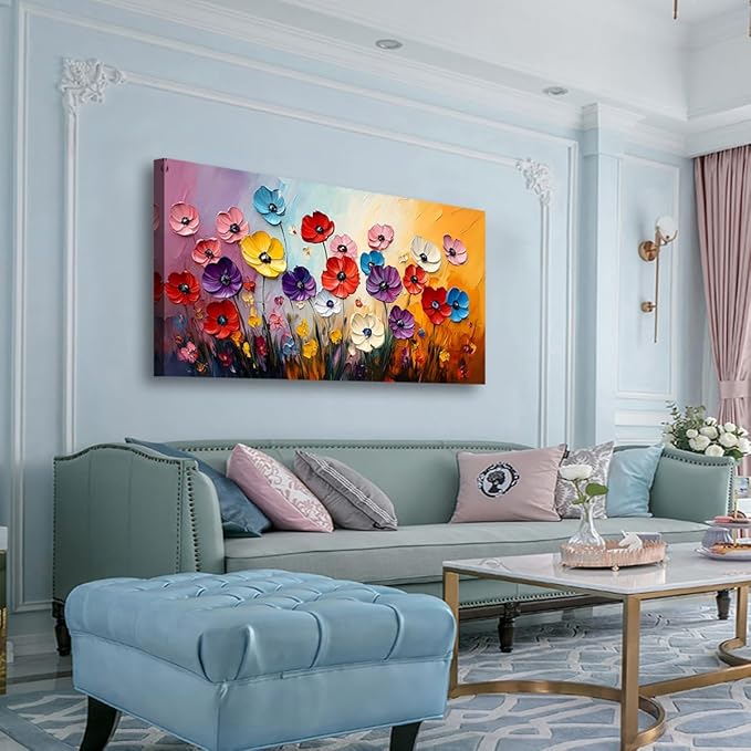 Abstract Colorful Flower Pictures Canvas Wall Art for Living room Office Bedroom Wall Decor,Yellow Pink Red Blue Purple Flowers Wall Art Print Paintings Modern Daisy Artwork Ready to Hang-20x40inch