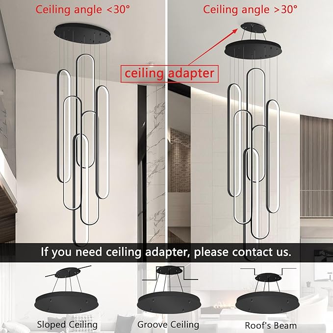 6-Rings Modern Chandelier, LED Black Large Contemporary Light for Staircase, Dimmable Flush Mount High Ceiling Chandeliers with Remote Control for Villa Foyer