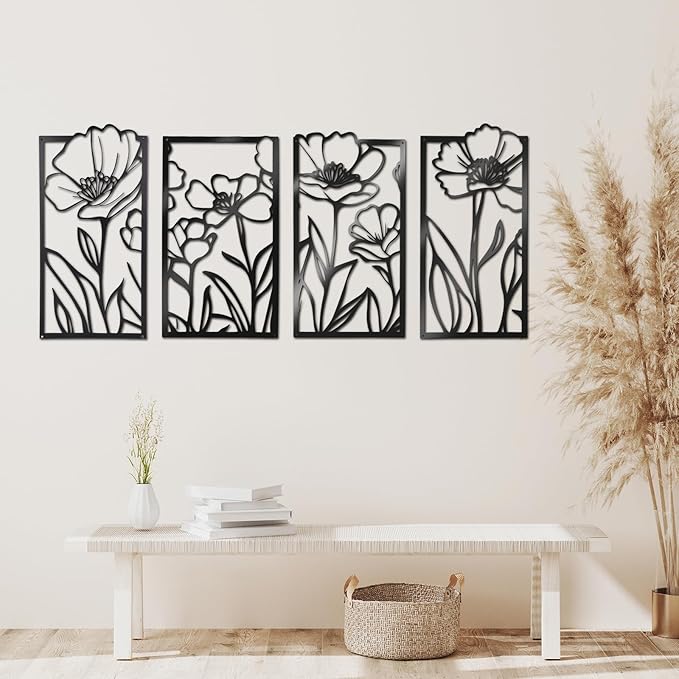 Metal Wall Art Flowers Set of 4, Framed Flower Wall Art for Living Room Bedroom Entryway, 4-Piece Floral Wall Decor, Enhance Home Ambiance with Harmonious Energy, Metal Wall Decor with Positive Vibes (Black, 40" x 21"/102x54cm, Framed)