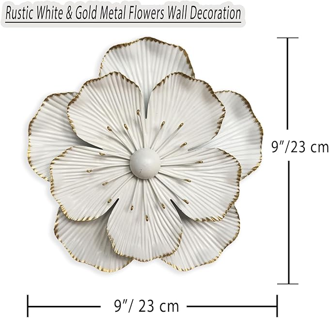Metal Flower Wall Art Decor, 9" Rustic Modern Floral Sculpture, Distressed Iron Wall Hanging Home Decoration Accent Artworks for Indoor Kitchen Bedroom Living Office Outdoor Garden Patio (35B-White)
